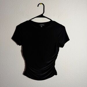 Moa Moa Cropped Top Womens Small Black Velvet Stretch Ruched Party Short Sleeve